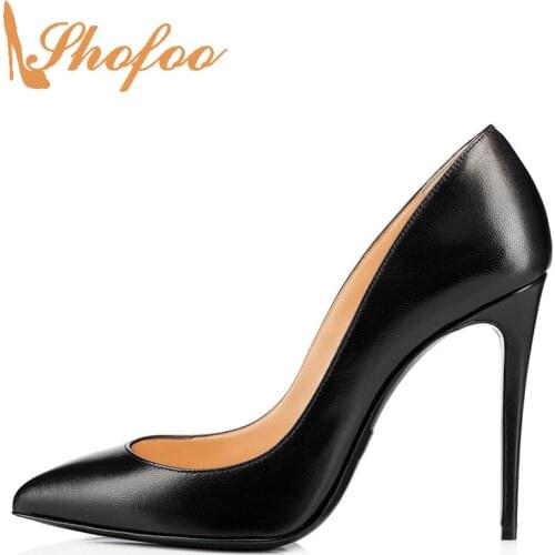 Black High Stilettos Pointed Toe Pumps Woman Thin Heels Large Size 11 14 Soft Faux Leather For Office Ladies Shoes Casual Mature
