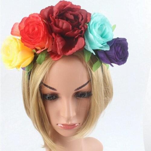 Day of The Dead Headband Costume Mexican Headpiece Womens Hawaiian Stretch Floral Crown for Garland Rose Flower Party Hairbands