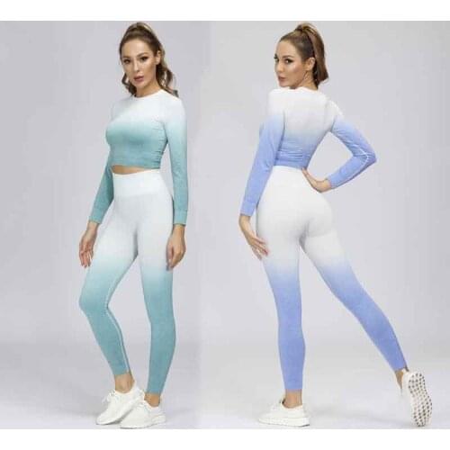 2PCS Adapt Ombre Seamless Yoga Set Fitness Clothing Gym Sets Long Sleeve Crop Top Workout Leggings Sport Outfit Women Tracksuit
