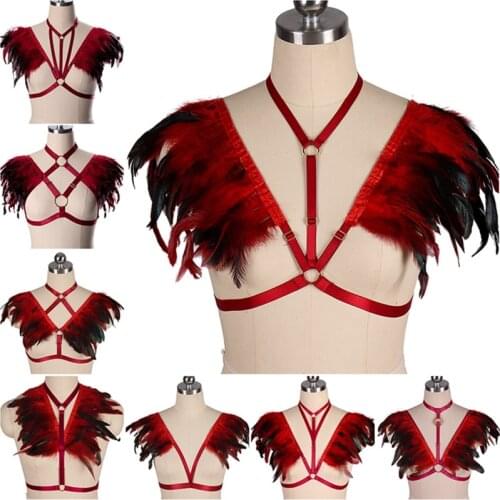 Women Feather Harness Bralette Crop Top Epaulettes Shoulder Angel Wings Steampunk Goth Rave Fetish Festival BurningMan Cage Bra