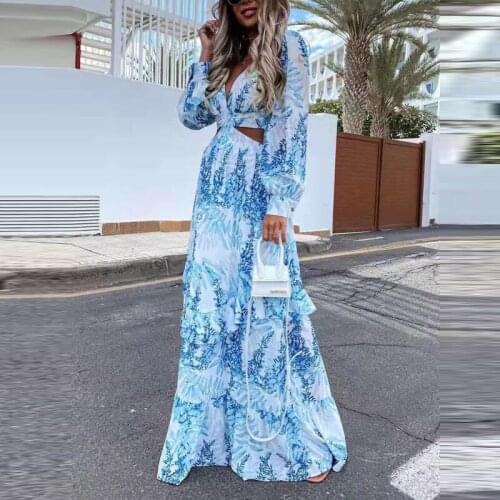 2021 Summer New Long Sleeve Printed Hollow Long Skirt Casual Retro Printed Ladies Spring/Summer V-neck Dress Womens Boho Dress