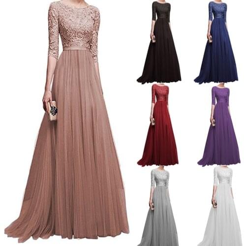 2021 Dress Womens Vintage 3/4 Sleeve Floral Lace Hollow Out Chiffon Long Evening Party Dress Formal Ankle Length Maxi Dresses