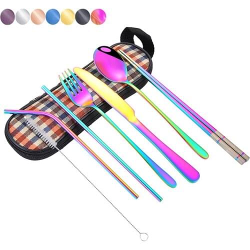 8 PCS 304 stainless steel set Stainless steel straws chopsticks spoons Portable travel tableware set for camping
