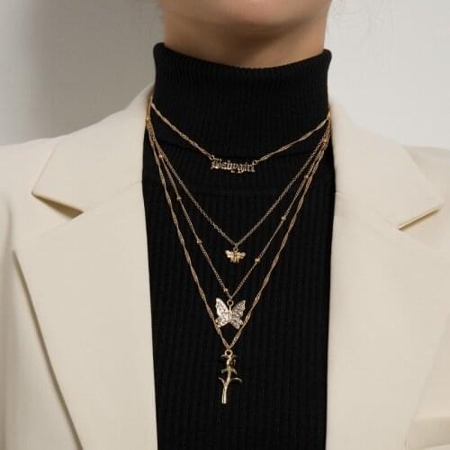 Vintage Multilayer Letters Bee Butterfly Flower Pendant Necklace Women Elegant Geometric Sweater Chains Necklace Jewelry Gift