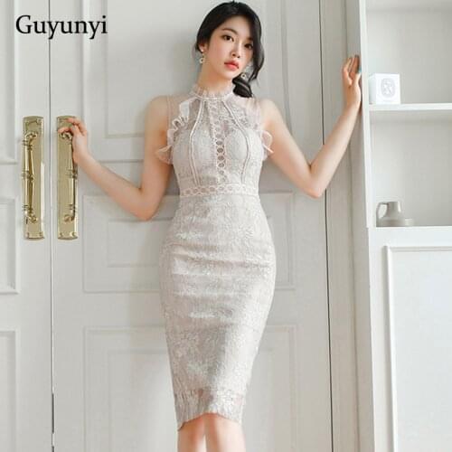 Elegant Party Dress 2021 Summer Sexy Sleeveless Lace Dress Mesh Stand Collar With Ruffles High Waist Tight Dress Women
