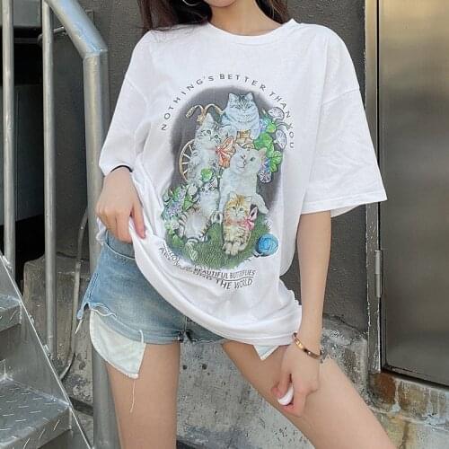 SEASONS White Casual Oversize Harajuku Tshirt Cat Kawaii Graphic T Shirts Women Fashion Short Sleeve Long Tees Summer ASTS83107