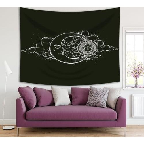 Tapestry Moon Sun Stars and Clouds Night Sky Oriental Mythical Artwork on Dark Background Printed Black White