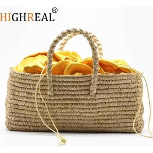 HIGHREAL New Women Bag Natural Color Raffia Hand Basket Bag Horizontal Section Square Raffia Straw Woven Handbag Shoulder Bags