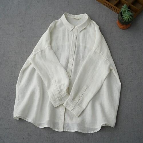 Autumn new commuter womens wear versatile linen long sleeve shirt simple loose thin linen cardigan solid color top 0407