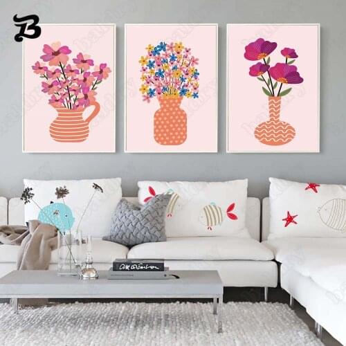 Canvas Painting Wall Art Colorful Plant Pink Flowers In Vase Pink Background Posters Prints for Living Room Home Decoration