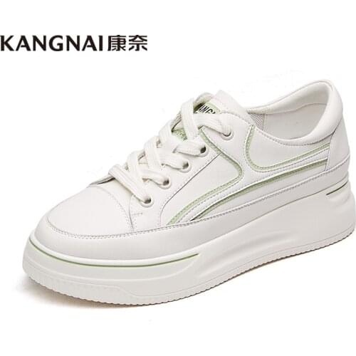 KANGNAI Flat Platform Women Shoes Split Leather Sneakers Lace Up Round Toe Female White Casual Shoes