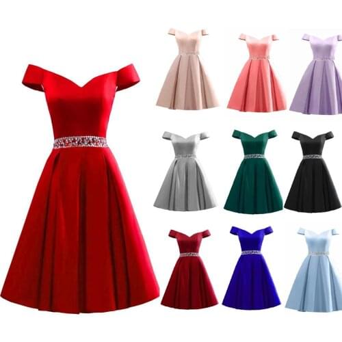 Off the Shoulder Red Evening Gowns Beaded Short Satin Homecoming Dresses Lace Up Back Formal Party Outfits