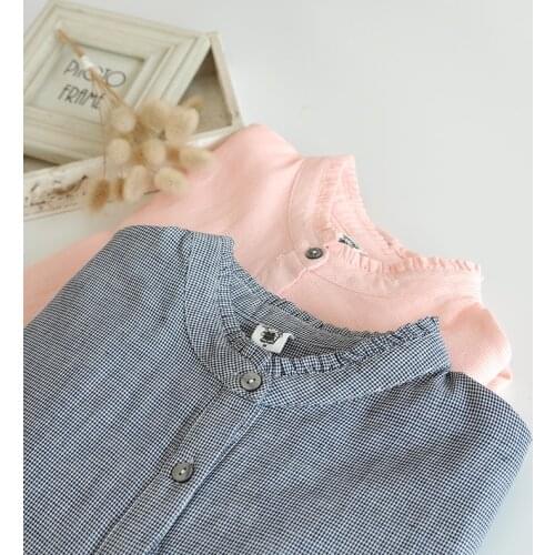 Lamtrip Unique Ruffled Collar Sweet Pink Plaid Cotton Yarn Long Sleeve Shirt Blouse 2021 Summer Mori Girl Top