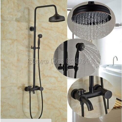 In-wall 8" Rainfall Shower Mixer Taps with Tub Spout with Handheld Bath Shower Faucet Black Oil Rubbed Bronze Finish j52