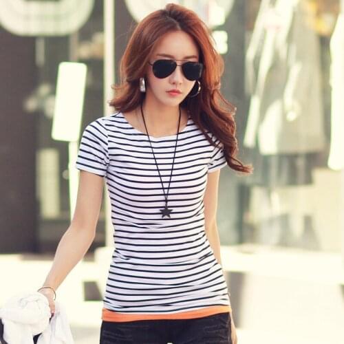 MRMT 2021 Brand New Womens T Shirt Striped Short Sleeve T-shirt for Female One Word Collar Casual Thin Elastic Lady Tops Tshirt