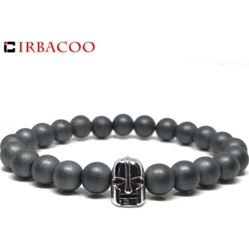 IRBACOO 2020 New Trendy Mens Bracelet Red CZ Eyes Iron Head Charm Bracelet Gray Matte Stone For Men Jewelry Gift