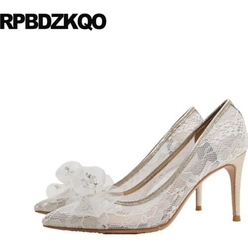 High heels diamond ivory lace bridal shoes bow mesh pointed toe crystal rhinestone 3 inch thin 10 42 cute pumps big size ladies