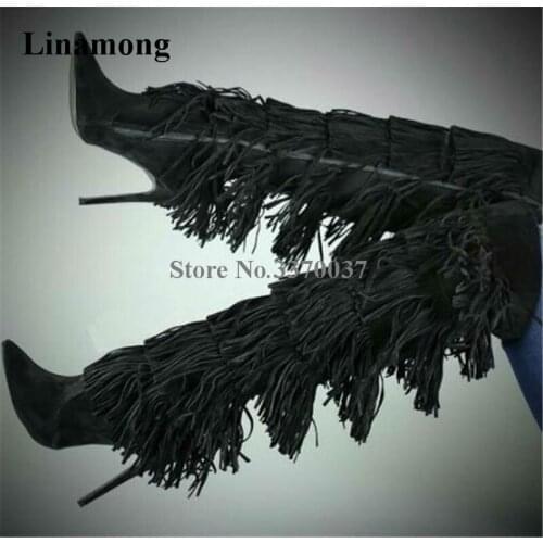Women Charming Pointed Toe Suede Leather Black Brown Long Tassels Knee High Boots Zipper-up Fringes High Heel Long Boots