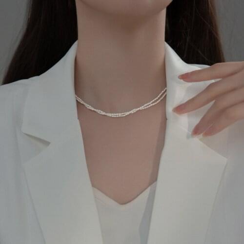 2mm Authentic 925 Sterling Silver Double Rows Twist Irregular baroque Rice Pearl freshwater Choker necklace Choker C-D8430