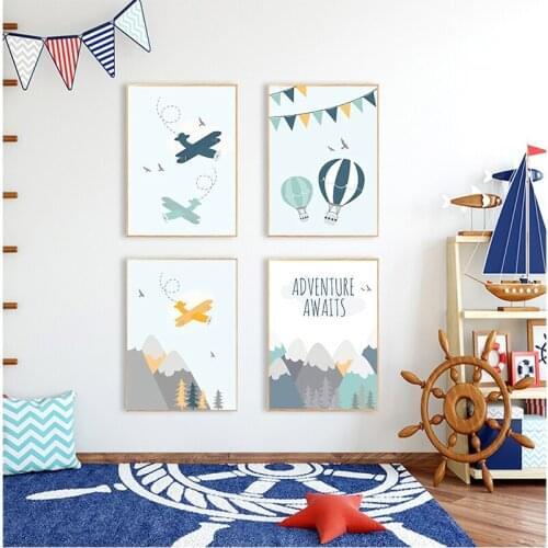 Adventure Quote Nursery Child Poster Cartoon Mountain Airplane Print Wall Art Canvas Painting Nordic Kid Room Decoration Picture