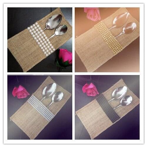 Different style for choose Rustic Hessian Burlap Cutlery Knives and Forks Holder Pouch With Dimaond Rhinestones 50pcs/lot