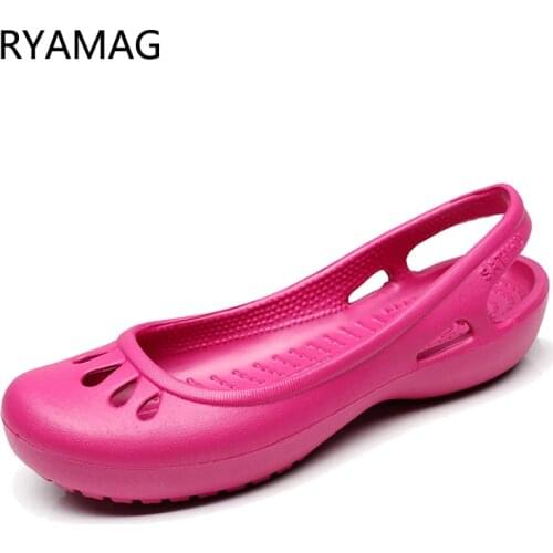 RYAMAG Women Clogs Jelly Sandals Home Non-slip Summer Hole Shoes Female Flat Slippers Plastic Female Waterproof EVA Garden