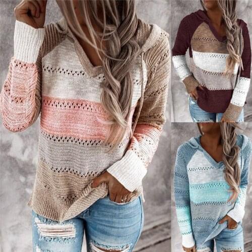 Women Knitted Hoodies Autumn Striped Hooded Sweatshirt Casual Patchwork V-Neck Long Sleeve Plus Size Female Hoody Pullover Tops