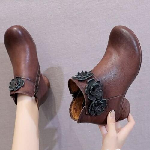 2021 Autumn Winter Floral Women Boots Genuine Leather Thick Heels Ankle Boots for Women Shoes Retro Flower Zipper Short Boots