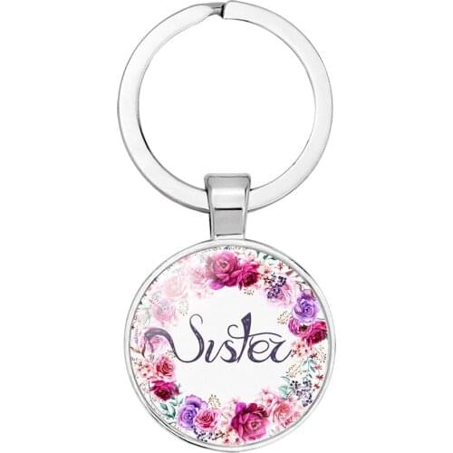10PC Sister Forever Friend Keychain Flower Key Chain Handmade Round Photo 25mm Glass Cabochon Car Key Ring Holder Jewelry Gift