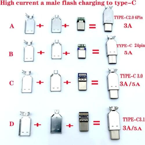 3sets USB 3.1 Type C 2.0 Male jack Charging Plug Welding Type USB-C adapter 3/4 in 1 3A/5A large current Connector With case