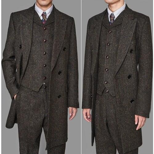 Long Style Mans Coffee Colorful Herringbone Vintage Vested Suits Prom Dresses Groom Wear 3pcs Peaky Blinder(Jacket+Vest+Pant)