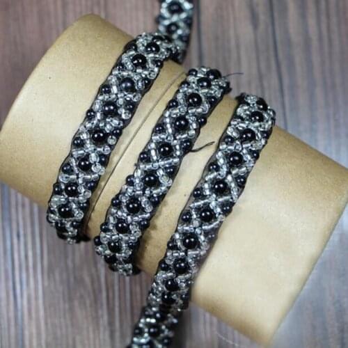 5yards 1.5cm Beading Lace Trimming Beaded Ribbon Pearl Trims For Sewing Collar Curtain Accessories Black Mesh Lace Decoration