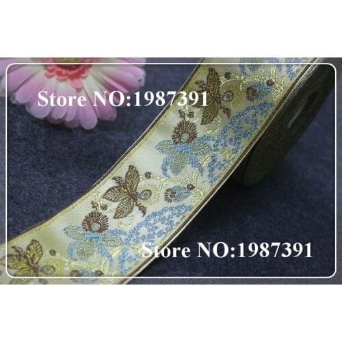 5yards/lot wide 6cm Woven Jacquard Ribbon gold background brown flowers pattern curtain and clothing accessory LS-5491