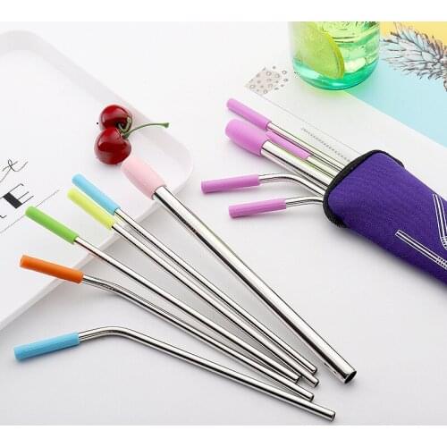 6Pcs/set Reusable Silicone Boba Bubble Tea Drink Straw + Clean Brush Stainless Steel Straws Set