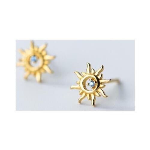8mm REAL. 925 Sterling Silver Jewelry Piercing Blue sapphire CZ Hollow Sun ear Stud Earrings C-E9627