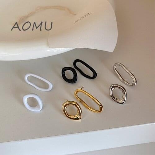 AOMU 2020 S925 New Retro Irregular Asymmetric Metal Earrings Multicolor Black White Simple Daily Earrings for Female Jewelry