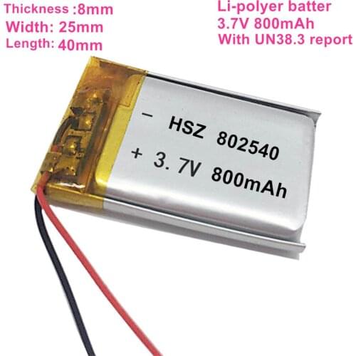 Free shipping 3.7V 800mAh Li-polyer rechargeable battery 802540 lithium batter with MSDS UN38.3 test report 200pcs/lot