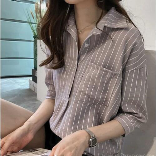 Summer Womens Blouse Shirt Stripe 2019 3/4 sleeve New Plus size Womens Blouses Shirts Loose striped Camisa mujer White/Pink/Gray