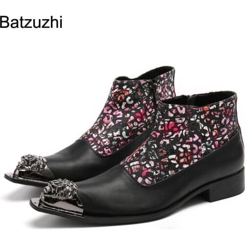 Batzuzhi Fashion Personality Mens Ankle Boots Genuine Leather Pointed Metal Toe Zip Black Color Leather Motorcycle/Party Botas