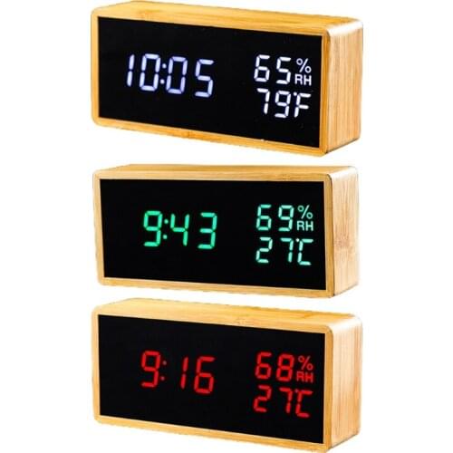 Voice Control LED Wooden Desktop Alarm Clock Temperature Humidity Electronic Digital Dual Display Multifunction Table