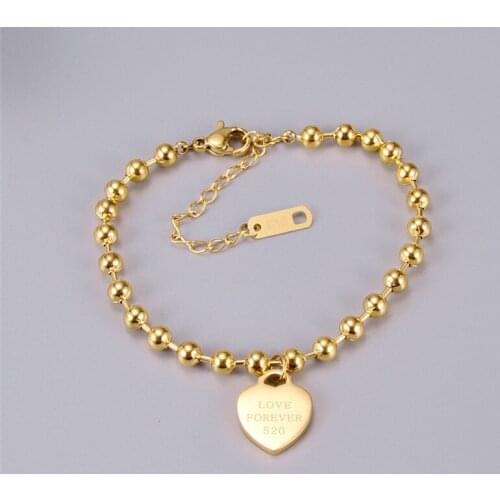 JIETHLING Bracelet Jewellery Womens Gold Color Beaded Link LOVE FOREVER Tag Heart Charms Bracelets Ajustable Length No Fade
