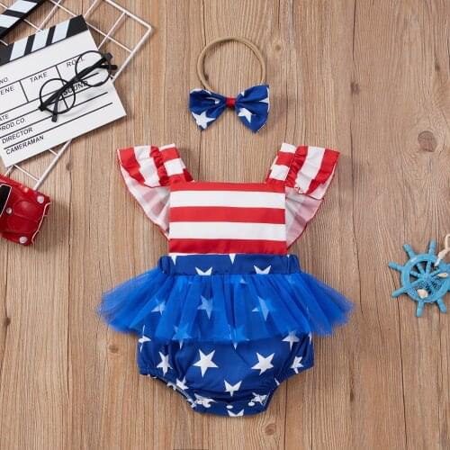 Newborn Baby Girls Romper + Bow Headband American Flag Print Independence Day Theme Summer Clothing Ruffles Mesh Jumpsuits