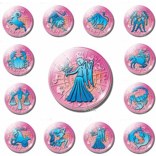 Pink 12 Constellation 30Mm Fridge Magnet Glass Cabochon Message Board Sticker Cute Zodiac Fridge Magnet Home Decoration