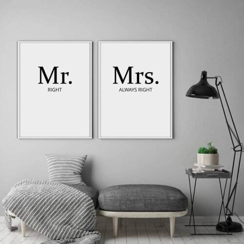 Mr right Mrs always right Couples Wall Art Prints Canvas Paintings Quotes Black White Pictures Poster for Bedroom Decor