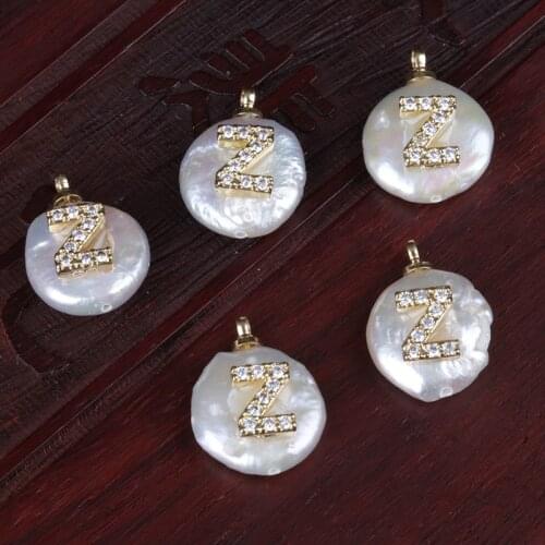 Initial 26 alphabet letter ABCMNWXYZ name charm white CZ crystal freshwater pearl gold pendant for DIY jewelry gift