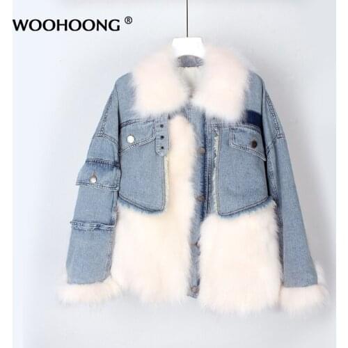 Winter New Womens Natural Raccoon Fur Coat Real Fur Coat Stitching Denim Jacket Woman Down Liner Loose Large Size