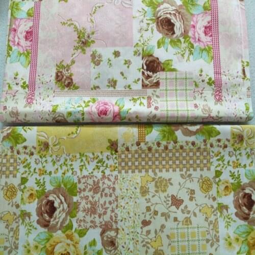 Pretty 50x40cm Pink & Yellow Checked Flowers Floral Cotton Fabric Bundle For DIY sewing Doll Cloth