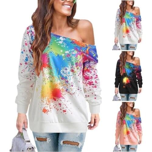 Sweater Autumn winter new sloping shoulder spray-painted print t-shirt for women