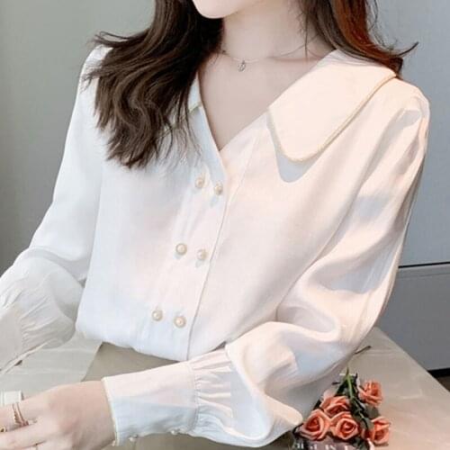 Autumn Long Sleeve White Blouse Shirt Blouse Women Blusas Mujer De Moda 2021 Turn Down Collar Chiffon Blouse Tops Blusa D676
