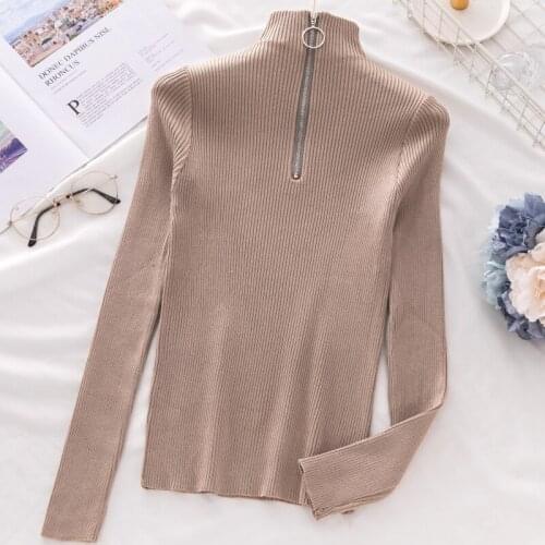 Knitted bottoming shirt womens long-sleeved 2021 new autumn and winter half high neck round ring zipper tight pullover women